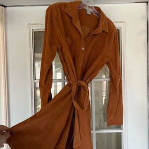 Lucky Brand Rust Corduroy Button-Front Dress with Waist Tie